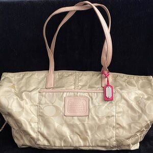 Coach Gold Nylon Tote with Pink Trim